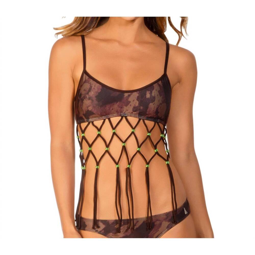 NEW ECO PEACE jungle jam beaded fishnet bralette bikini top in epe jungle jam